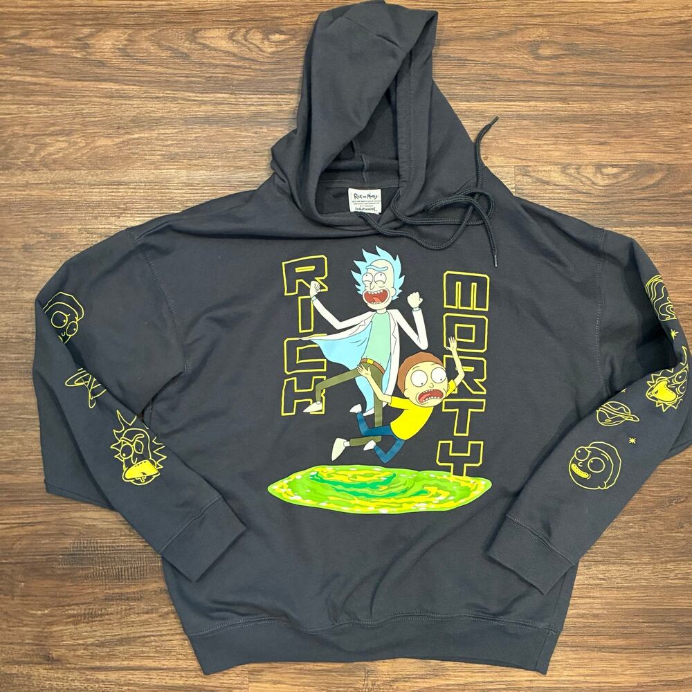 Rick and Morty Hoodie Adult Swim Black Graphic Pullover‎ Size M